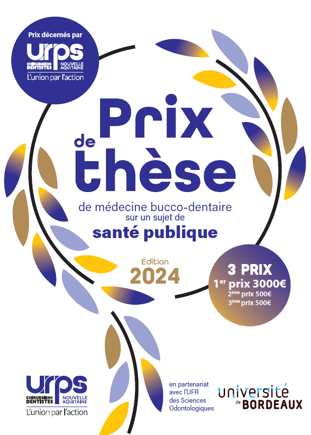 URPSCDNA's tweet image. Lancement du prix de thèse URPS CD NA en santé publique - Edition 2024
Les thèses doivent avoir été achevées et soutenues entre le 1er janv. 2023 et le 31 déc. 2023, à l'UFR d'Odontologie de Bordeaux.
3000 euros à remporter pour le lauréat...
En savoir + : urps-chirurgiensdentistes-na.fr/prix-de-these/