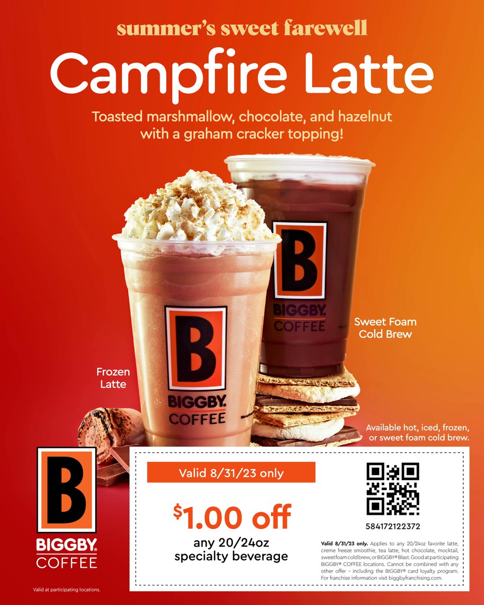 Sip on campfire deliciousness while you still can! Enjoy  $1 off any
20/24oz specialty beverage. Offer valid 8/31/23 only. Never miss out on your favorite offers by signing up for our E-Wards program here: buff.ly/3lz9XFN