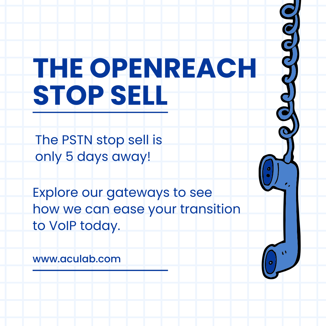 aculab's tweet photo. Time is running out!
In 5 days BT will stop accepting order requests for broadband or PSTN services that use the old copper network.
Stay ahead of the Big Switch Off and future-proof your business today.
https://t.co/YDU5JaIq96
#stopsell #thebigswitchoff #pstn #gateways https://t.co/0j4LsD1AHJ