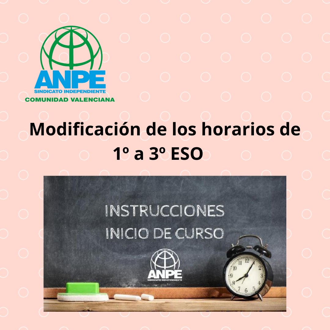 *Modificación de los horarios de 1º a 3º ESO*

🗞 Publicada una Resolución por la que se modifican los horarios de 1º a 3º ESO.

🔗 Todos los detalles en este enlace: anpecomunidadvalenciana.es/notices/178954

_ANPE #ElValorDeLaIndependencia_
_#SindicalismoEFICAZyEFICIENTE_