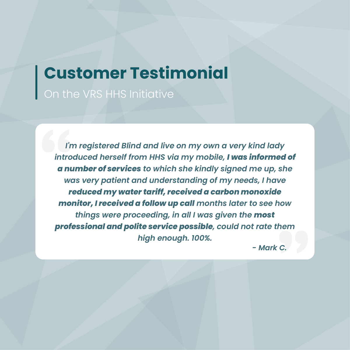 Mark C's testimonial regarding the VRS HHS Initiative.

Find out more about the initiative ➡ bit.ly/3BsGDIh