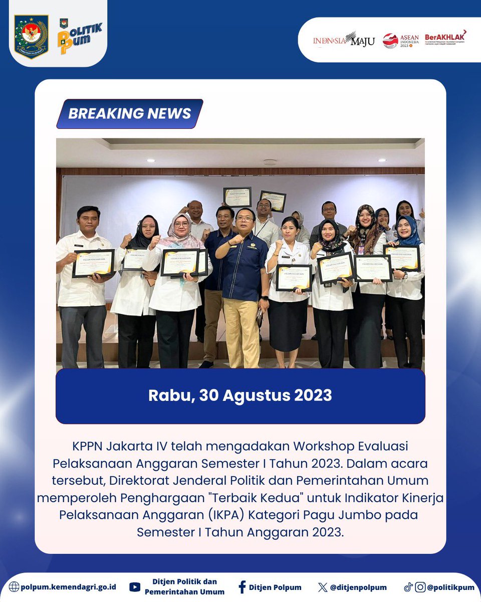 ditjenpolpum's tweet photo. KPPN Jakarta IV telah mengumumkan bahwa Direktorat Jenderal Politik dan PUM telah meraih Penghargaan "Terbaik Kedua" kategori (IKPA) Pagu Jumbo untuk Semester I Tahun Anggaran 2023. Hal ini menunjukan dedikasi kami dalam mewujudkan efisiensi anggaran dan kinerja yang baik https://t.co/t9BYT96Q7B