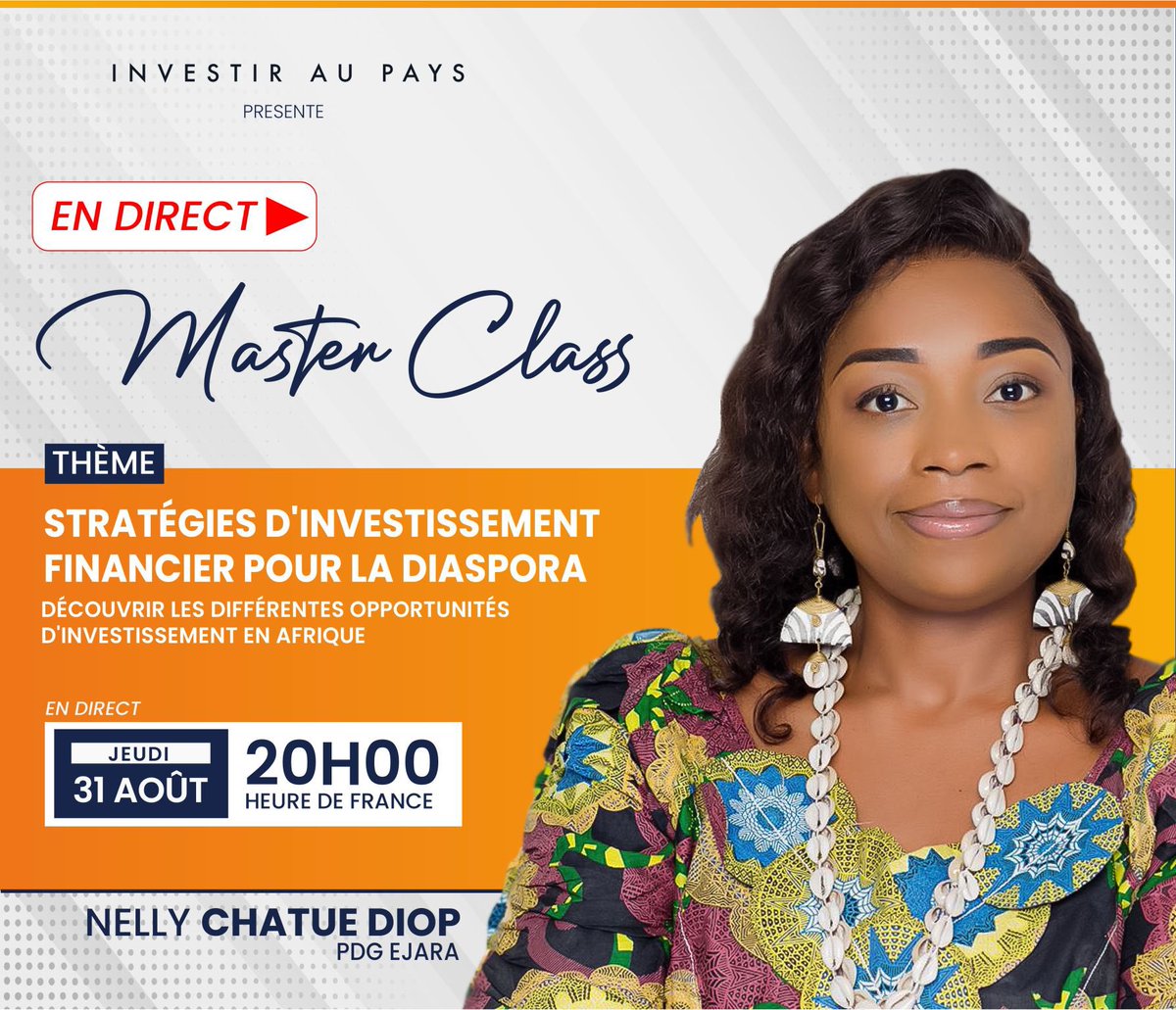 📌 Rejoignez Nelly Chatue-Diop ce soir, elle dévoile les 'stratégies d'investissement financier pour la diaspora' dans cette #masterclass 📝 Lien d'inscription: backtoafrica.fr/masterclass-ne… ⏰Horaires 🇫🇷 20h00 🇨🇲 19h00 🇨🇮 18h00 #diaspora #investissement #business