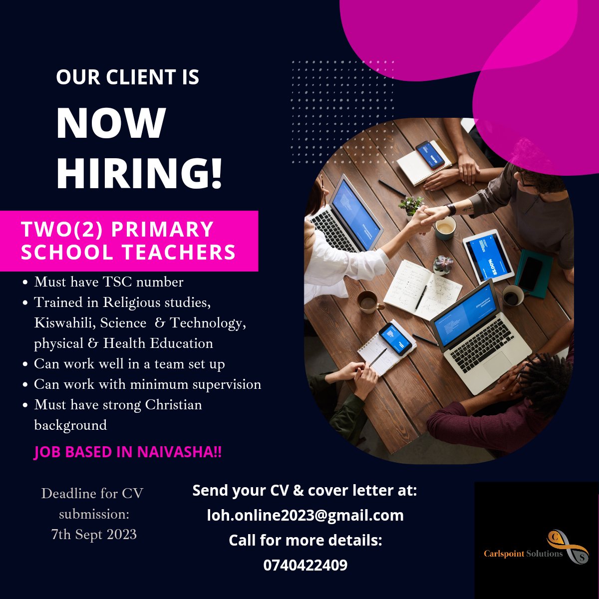 #primaryschoolteachers #teachers #schools #Naivasha #IkoKaziKE #carlspointsolutions #carlspointgroup #jobs #vacancies