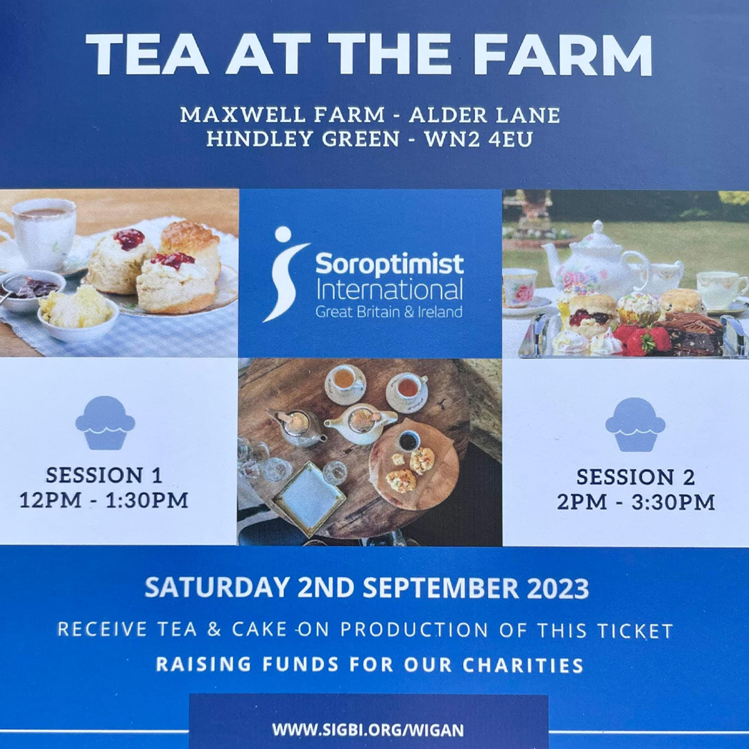 FubhubNetwork's tweet photo. Join Soroptimist International Wigan for Tea at the Farm on Saturday 2nd September 2023! 

Let's support them in raising much needed funds for DIAS, The Shoebox Fairies and Beauty for Ashes. 

£7 per adult. 

Learn more: 
💻 https://t.co/D9plBkJT7h https://t.co/eBXM1hHRwh