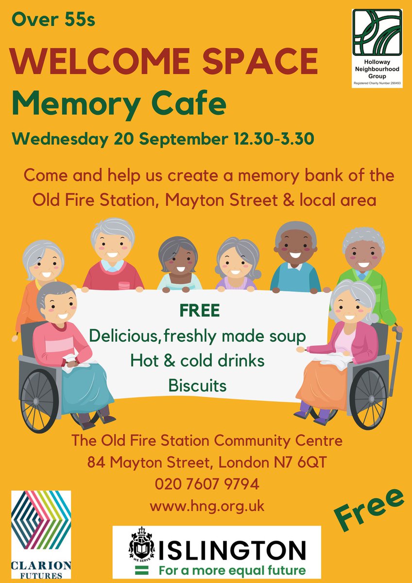 HNGFireStation's tweet photo. Help us create a memory bank of the Old Fire Station, Mayton Street &amp; local area.  Weds 20 Sept 12.30-3.30 at our over 55s Welcome Space.  FREE soup, tea, coffee &amp; biscuits. https://t.co/Hu7ixHgTbl