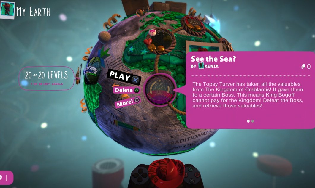 Hey #LittleBigPlanet community. I just published my See the Sea level, after fixing bugs in it. The level is a homage to the Kingdom of Crablantis theme from #SackboyABigAdventure. Play it if you want.