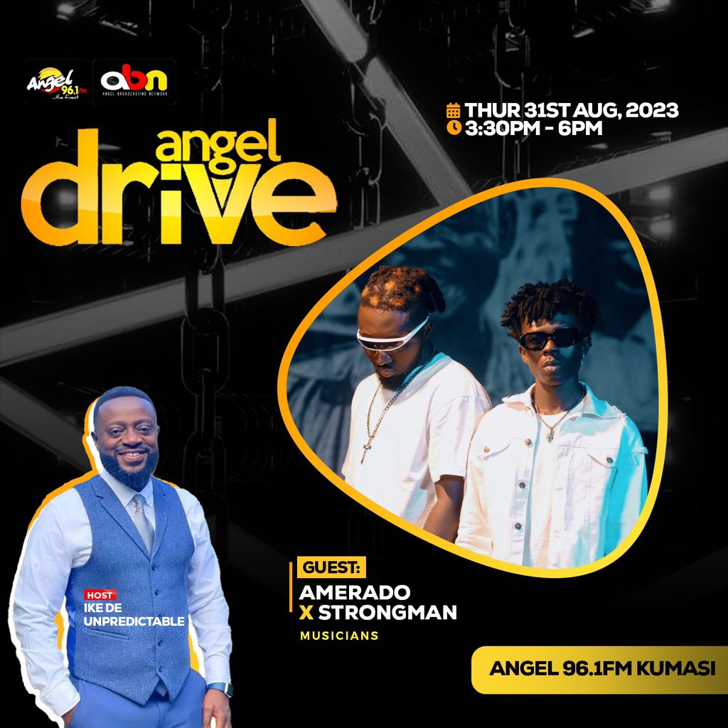 Amerado_Burner's tweet photo. Catch your two favorite burners with Ike De Unpredictable on #AngelDrive @Angel961fm this afternoon!!

Let’s talk about the #YoungAndStrongConcert which comes off at Vienna City, Kumasi on the 2nd September 📍 https://t.co/Hs8uGkHcU5