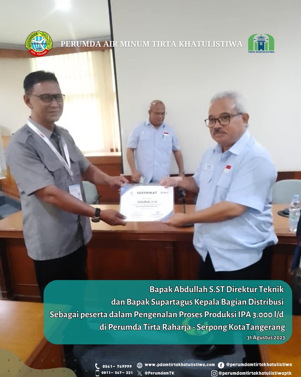 PerumdamTK's tweet photo. Bapak Abdullah https://t.co/t096vnNWYx Direktur Teknik dan Bapak Supartagus Kepala Bagian Distribusi 
Sebagai peserta Dalam Pengenalan Proses Produksi IPA 3.000 l/d di Perumda  Tirta Raharja - Serpong KotaTangerang https://t.co/Vj6204GFor