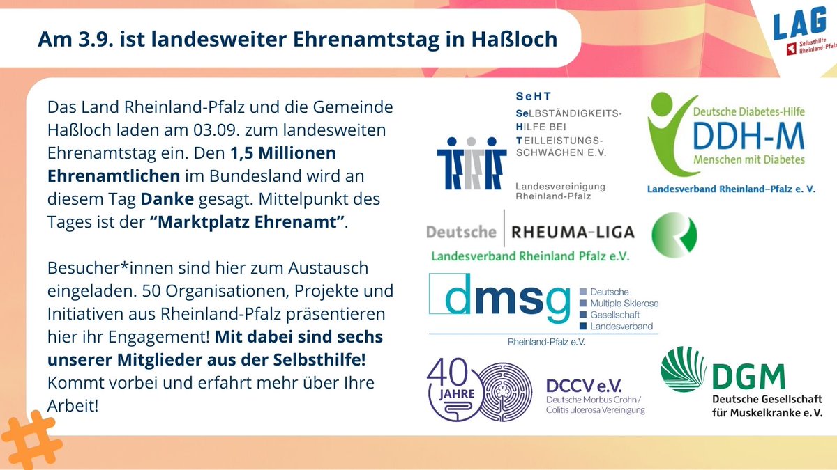 RLPSelbsthilfe's tweet photo. Der landesweite Ehrenamtstag feiert alle Engagierten in Rheinland-Pfalz und findet an diesem Sonntag, den 3.9. in Haßloch statt. Einige unserer Mitgliedsverbände sind mit dabei und stellen sich hier vor – sie sind mit spannenden Angeboten und Ständen vor Ort. Kommt vorbei! https://t.co/0Pp8sRCxgX