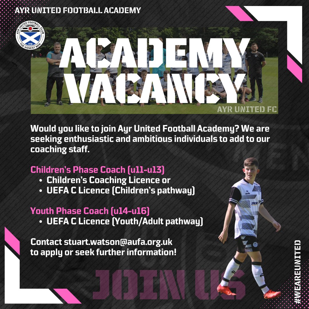 Coaching opportunities available with Ayr United Football Academy, are you ready for the next chapter in your coaching career? ⚽️ Please share #WeAreUnited 🖤🤍🤝