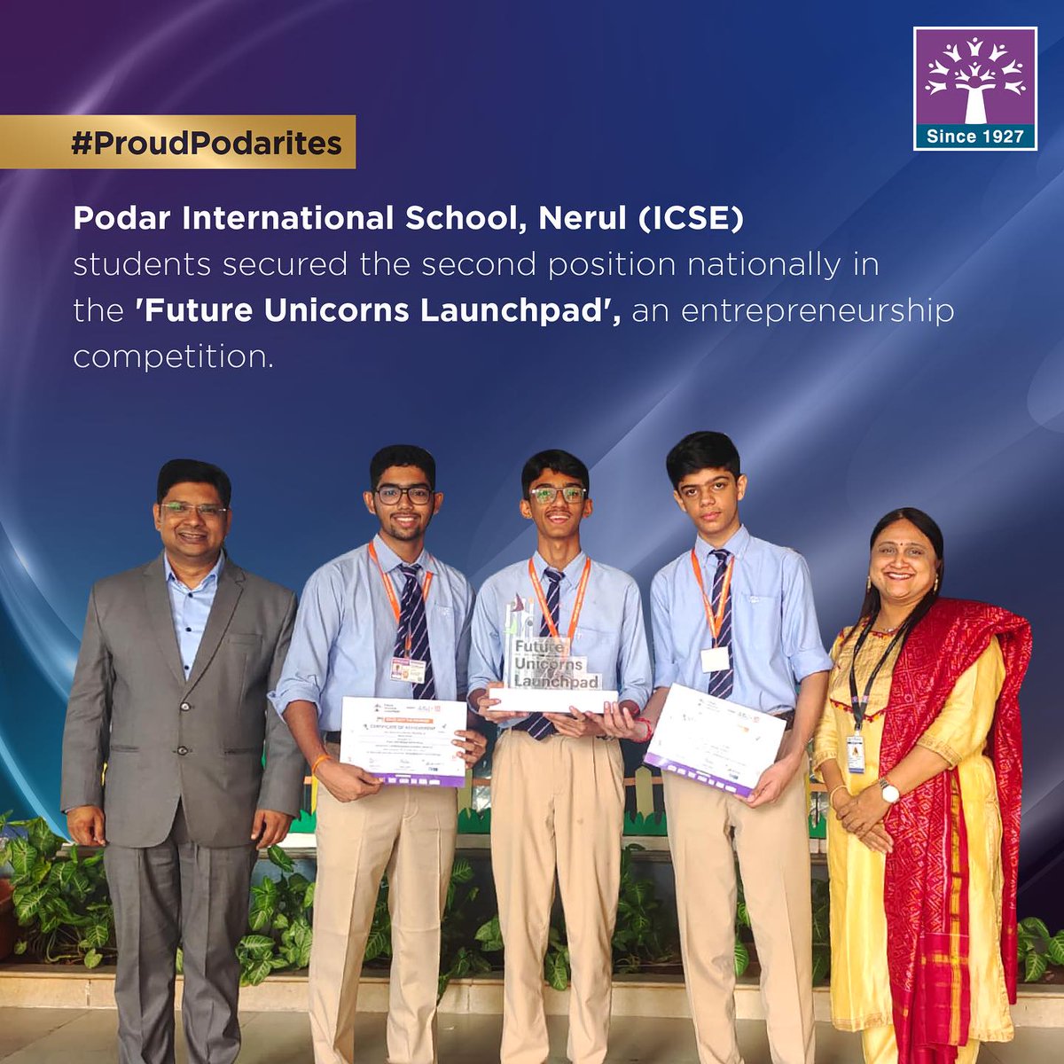 Our students from Podar International School, Nerul (ICSE) clinched the second place nationally at the Future Unicorns Launchpad, rising above 15,000 participants across India. 
Congratulations Atharva Moisendra Wala, Ashad Ukaye and Abhyudaya Sharma for your amazing feat!
#Podar