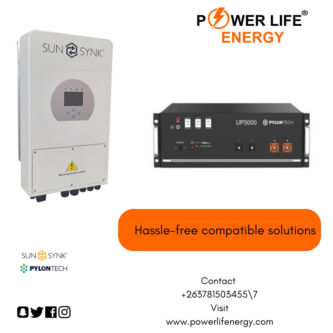 PowerLifeEnergy's tweet photo. If you want a superb solar hybrid inverter and lithium battery, look no further. Get in touch with us today at 0781503455 or visit 46 McChelry Ave,  190 Samora Machel Corner Enterprise. #sunsynk #pylontech #solarenergy https://t.co/MZSNK0wDNa
