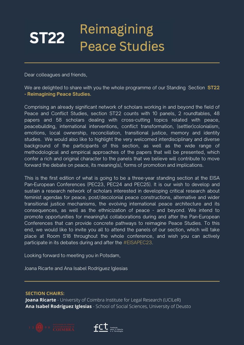 joana_ricarte's tweet image. To all colleagues attending the @europeanisa #EISAPEC23 conference next week:

Check out in the thread the compiled programme day-by-day of the standing section #ST22 Reimagining Peace Studies! 

We'll have panels going on during all conference always at room S18! 

Join us!