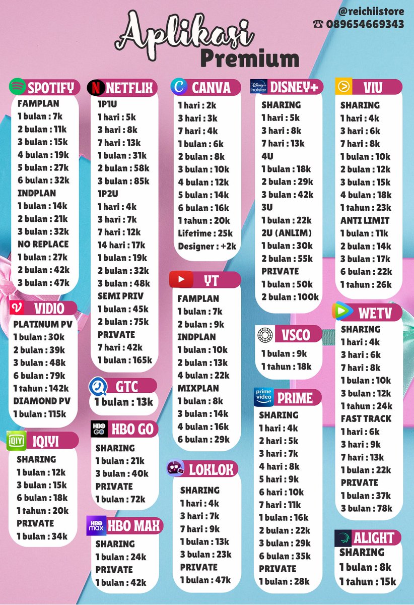 JeslynStore's tweet image. yuk yang mau beli aplikasi premium di aku harga murah, aplikasi lengkap, orderan bisa langsung di proses, bergaransi dan sudah banyak testimonial✧ ˚. ᵎᵎ 🎀

☎️ : wa.me/6289654669343

#zonauang