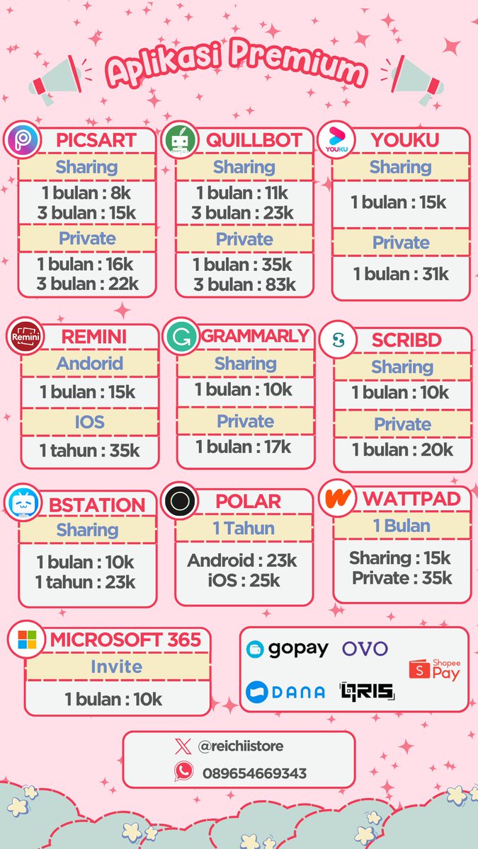 JeslynStore's tweet image. yuk yang mau beli aplikasi premium di aku harga murah, aplikasi lengkap, orderan bisa langsung di proses, bergaransi dan sudah banyak testimonial✧ ˚. ᵎᵎ 🎀

☎️ : wa.me/6289654669343

#zonauang