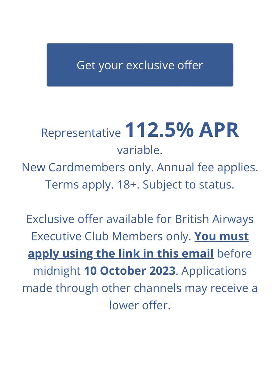 IsraelC70200804's tweet photo. @British_Airways 
So you send an offer for a credit card with a variable APR of 112.5%?  Did someone even proofread this? Lol https://t.co/xTLIbZQB9X