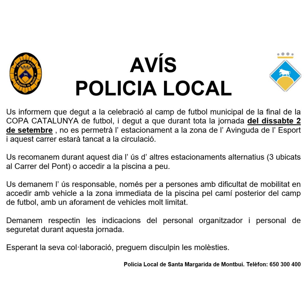ajmontbui's tweet photo. AVÍS | TALL A L’AVINGUDA DE L’ESPORT

📢Amb motiu de la celebració de la Copa Catalunya Amateur que acull l’Estadi Municipal de Futbol de Montbui, l’Avinguda de l’Esport estarà tancada a la circulació el dissabte 2 de setembre, des de les 7:00h fins a les 23:00h.

#infoMontbui https://t.co/K7i0RwVJDb