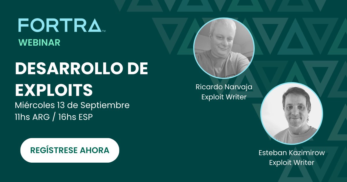 NavajaNegra_AB's tweet image. Webinar, @ricnar456 Ricardo Narvaja y @SolidCLT Esteban Kazimirow, Exploit Writers de Fortra, expertos en reversing, presentarán en vivo el paso a paso del desarrollo de los exploits de Core Impact.
¡No se lo pierda! Registro ahora: bit.ly/44koZ5q
#Exploit #Exploiting…