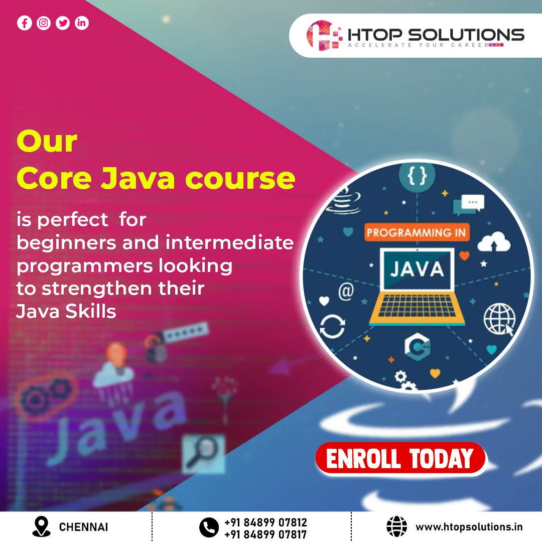 htop_online's tweet image. The Core Java course is designed to provide a comprehensive understanding of the Java programming language and its core concepts

Call us at 8489907812 with any queries Or send the mail to info@htopsolutions.com

#javatraininginChennai #Javafullstacktraininginchennai #java #jobs