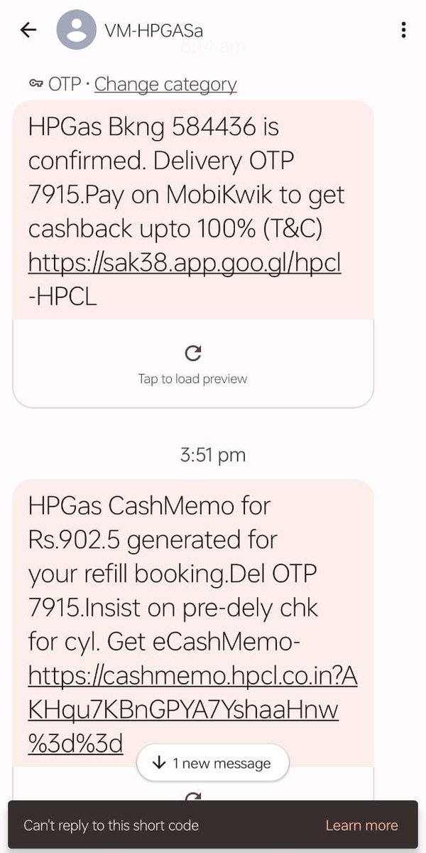VixTx (@vikramdeyy) on Twitter photo New scam alert!
Please beware of such messages claiming to be from HPGas. Do not click on the link. Verify the website.
<a href="/HPCL/">Hindustan Petroleum Corporation Limited</a> is it legit?
#hpgas #LPGcylinder #JawanTrailer #PMOIndia New scam alert!
Please beware of such messages claiming to be from HPGas. Do not click on the link. Verify the website.
<a href="/HPCL/">Hindustan Petroleum Corporation Limited</a> is it legit?
#hpgas #LPGcylinder #JawanTrailer #PMOIndia