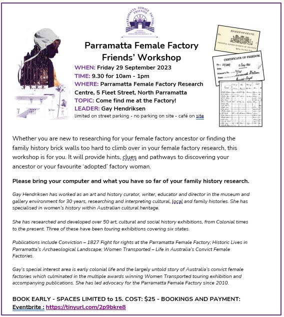 WORKSHOPS - COME FIND ME AT THE FACTORY?
Researching convict ancestors? This workshop is for you. Please bring a computer and your family history 
tinyurl.com/2p9bkre8
#ancestry #familyhistory #genealogy #research #event #workshop #cityofparramatta #nsw #sydney #australia