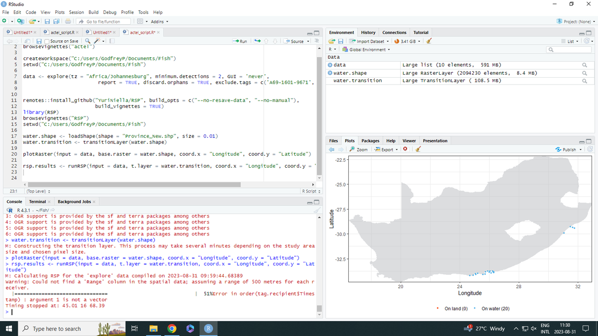LastPadare's tweet photo. @Yuri_Niella Hi! I reran the analysis using the 'explore' and I still run into the same error (I've attached the screenshot F1). Could it be that my detection files F2 are not in the format set out by the vignettes F3?
Posting on here to help others with same error. #rstats #acoustictelemetry https://t.co/euAo7uQq69