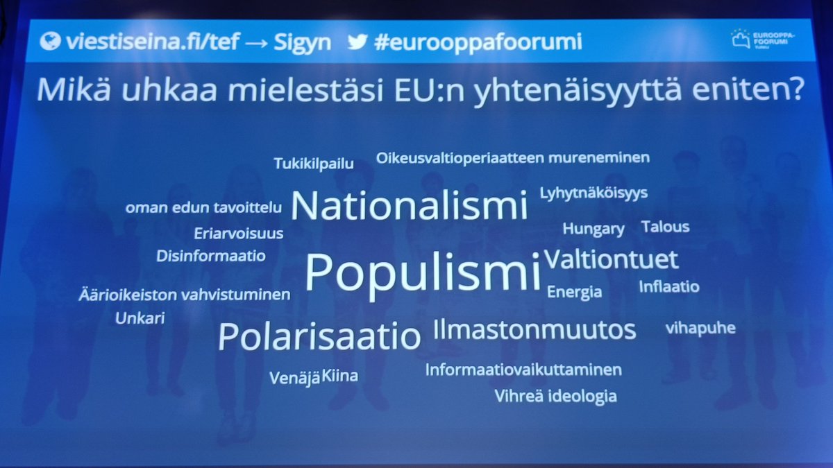 Eurooppa -foorumin odotetuimmassa paneelissa raskaan sarjan EU-vaikuttajat @alexstubb, @JuttaUrpilainen ja @adleande keskustelevat Baba Lybeckin moderoimana EU:n yhtenäisyydestä. Sitä vahvisti Venäjän hyökkäyssota Ukrainaan  ja sen pahimpia uhkia ovat populismi ja nationalismi.