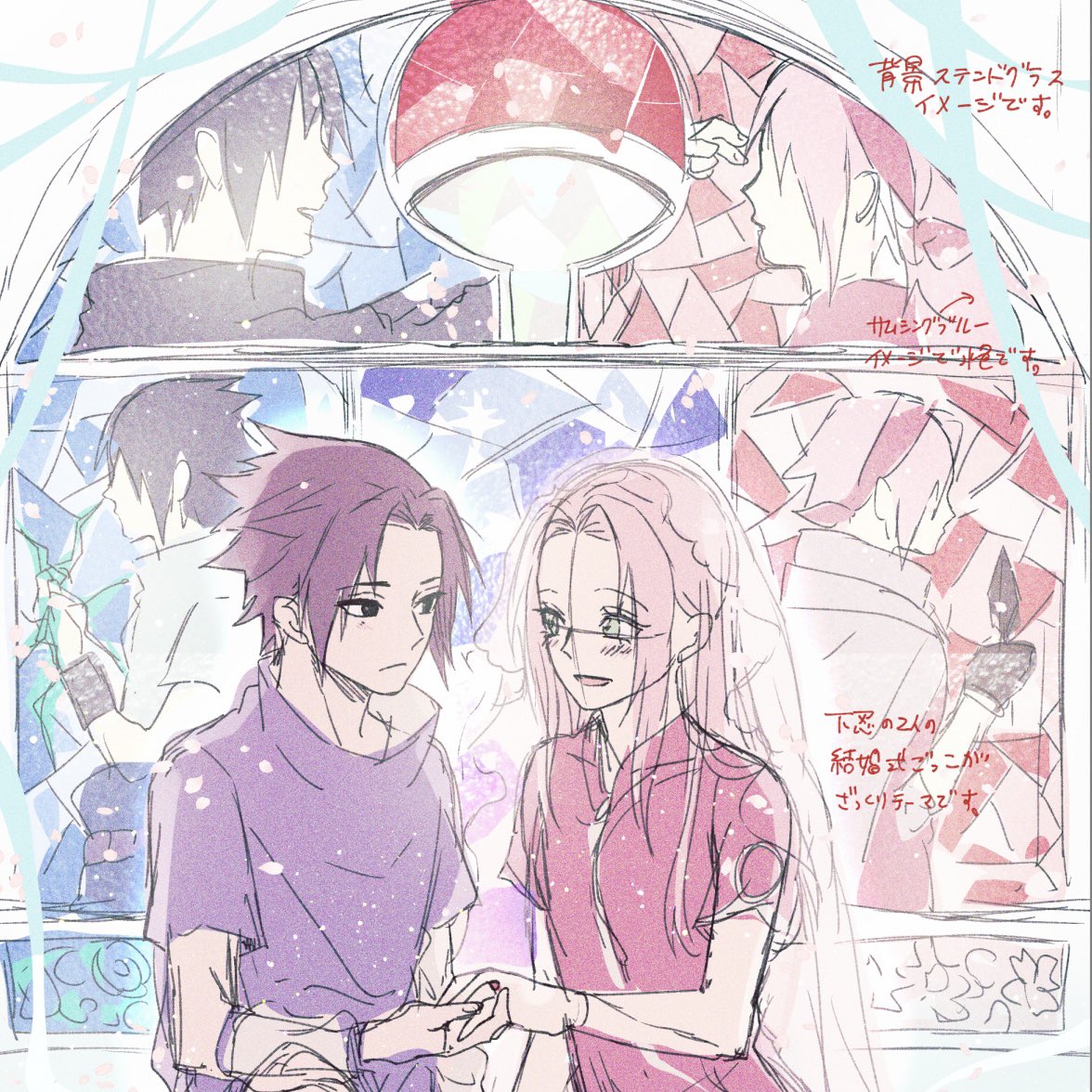 ラフ→線画とベース→色配置(ここが1番大変でした)→光が透けるステンドグラス感を加工で模索
こんな感じでした。色んな教会のステンドグラスを眺めながら頑張りました…🥹
ラフの時点では考えてなかったそれぞれの涙(血)と真ん中にこっそり🥗ちゃんは思いついて良かったと思ってます🫶