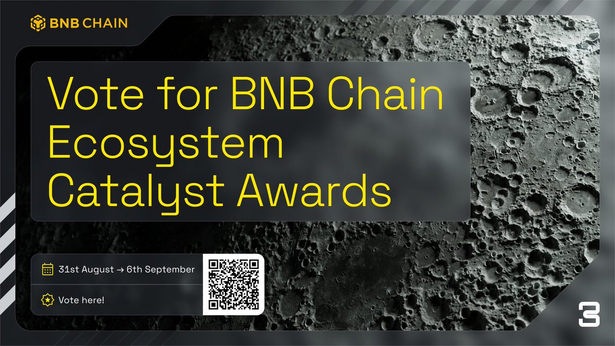 BNBCHAIN's tweet photo. 🌟 BNB Chain Ecosystem Catalyst Awards voting is ON – your chance to drive progress starts RIGHT NOW.  

📅 Voting: August 31st - September 6th

🎁 Submit 33 votes to win an exclusive 3 Year Anniversary NFT 

⌛ Don't miss out! Act fast, VOTE now: https://t.co/Vzb36r6xFE!  🚀 https://t.co/G2Vwy2qOsE