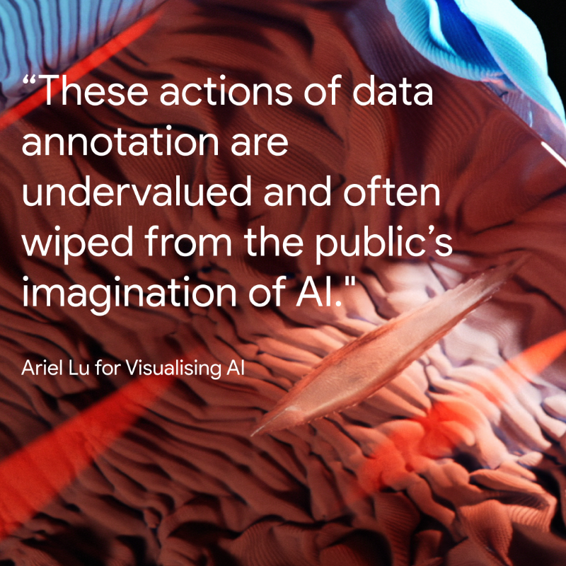 GoogleDeepMind's tweet photo. “I hope to shed some light on the fact that AI is human centred, in multiple complex layers.” 💡

For #VisualisingAI, artist Ariel Lu aimed to illustrate the concept of ethics in AI by showing how humans are involved in training models. ⬇️