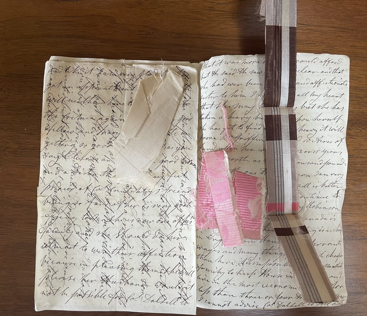 An exciting find in this letter from 1855: fabric swatches, bright as the day they were enclosed.
