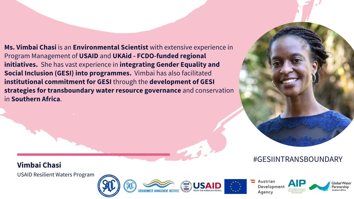 GWPSAF's tweet photo. Vimbai Chasi from @USAID Resilient Waters will introduce participants to the GESI Action Plan template to enable them to plan for #GESI integration in ongoing/upcoming projects. 

#GESIINTRANSBOUNDARY https://t.co/TkE0BZsAyl
