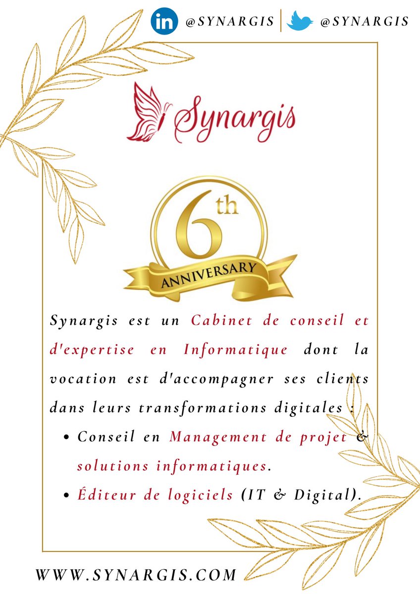 synargis's tweet photo. 🎉 🎂 31 Août, c’est notre anniversaire !!! @synargis  fête aujourd’hui ses 6 ans d’existence. Nous accompagnons nos #Clients dans le cadrage, le pilotage et la maîtrise de leurs projets informatiques et de transformation digitale  #Consultant #Indépendant https://t.co/cu4kgF6zmc