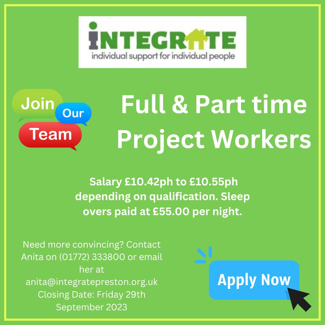 We are hiring 🎉 Full and part time project workers. Call or contact Anita for details. #prestonjobs #socialcarejobs #jobsinpreston #joinourteam
