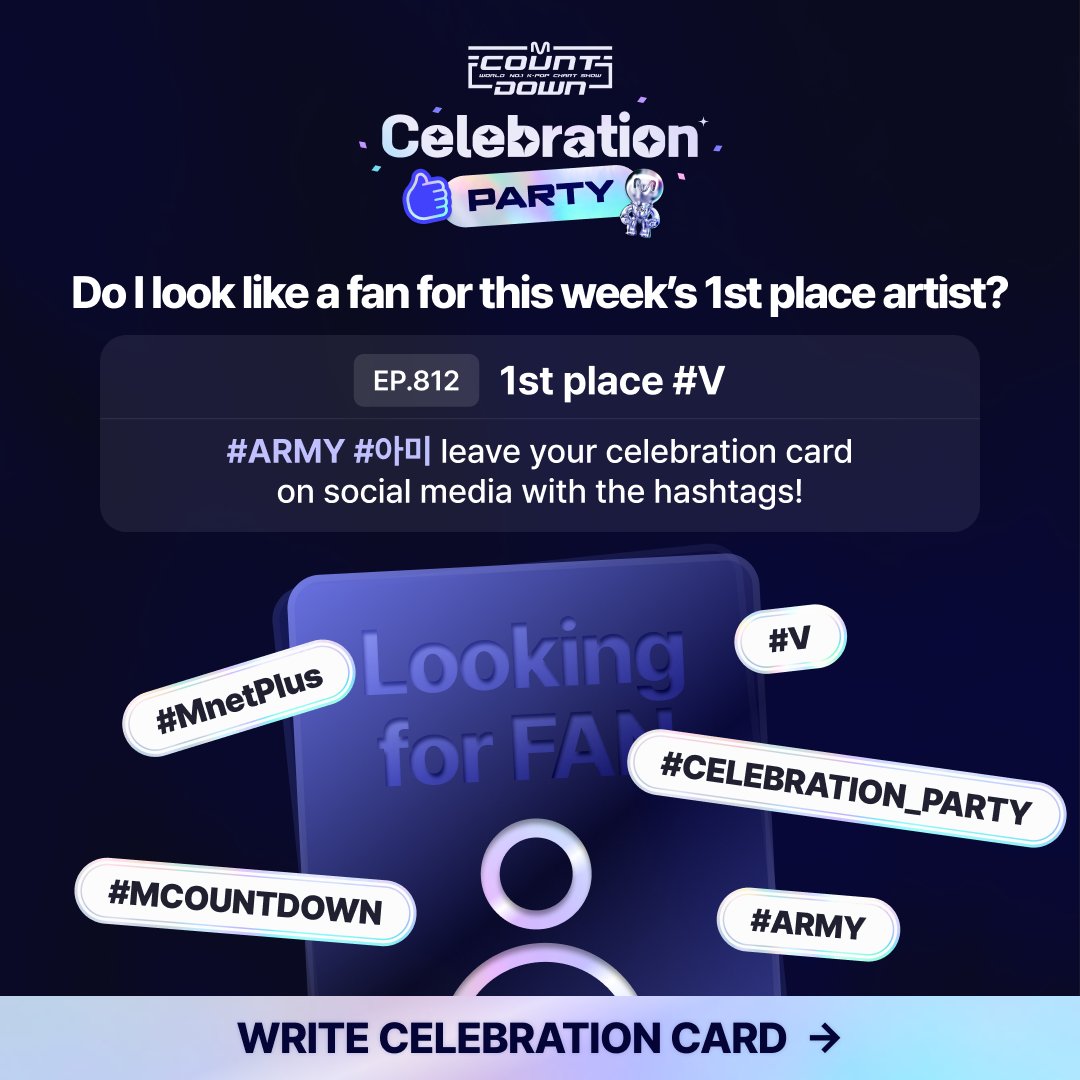 mnetplus's tweet photo. [#MCOUNTDOWN] EP.812
@bts_bighit
@MnetMcountdown
Perfect visuals, perfect vocals👏
Perfect #V’s solo #LoveMeAgain
took the 1st place again!

#ARMY💜
Leave a celebration card to V &amp; get a gift💝

More details⬇️

#CELEBRATION_PARTY #MnetPlus #셀러브레이션_파티 #엠넷플러스 https://t.co/DPl5HrLstw
