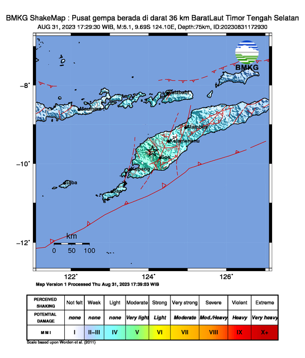infoBMKG's tweet photo. #Gempa (UPDATE) Mag:6.1, 31-Agu-23 17:29:30 WIB, Lok:9.69 LS, 124.10 BT (Pusat gempa berada di darat 36 km BaratLaut Timor Tengah Selatan), Kedlmn:75 Km Dirasakan (MMI) III-IV Alor, II-III Kupang #BMKG https://t.co/yDXTBHGmXH