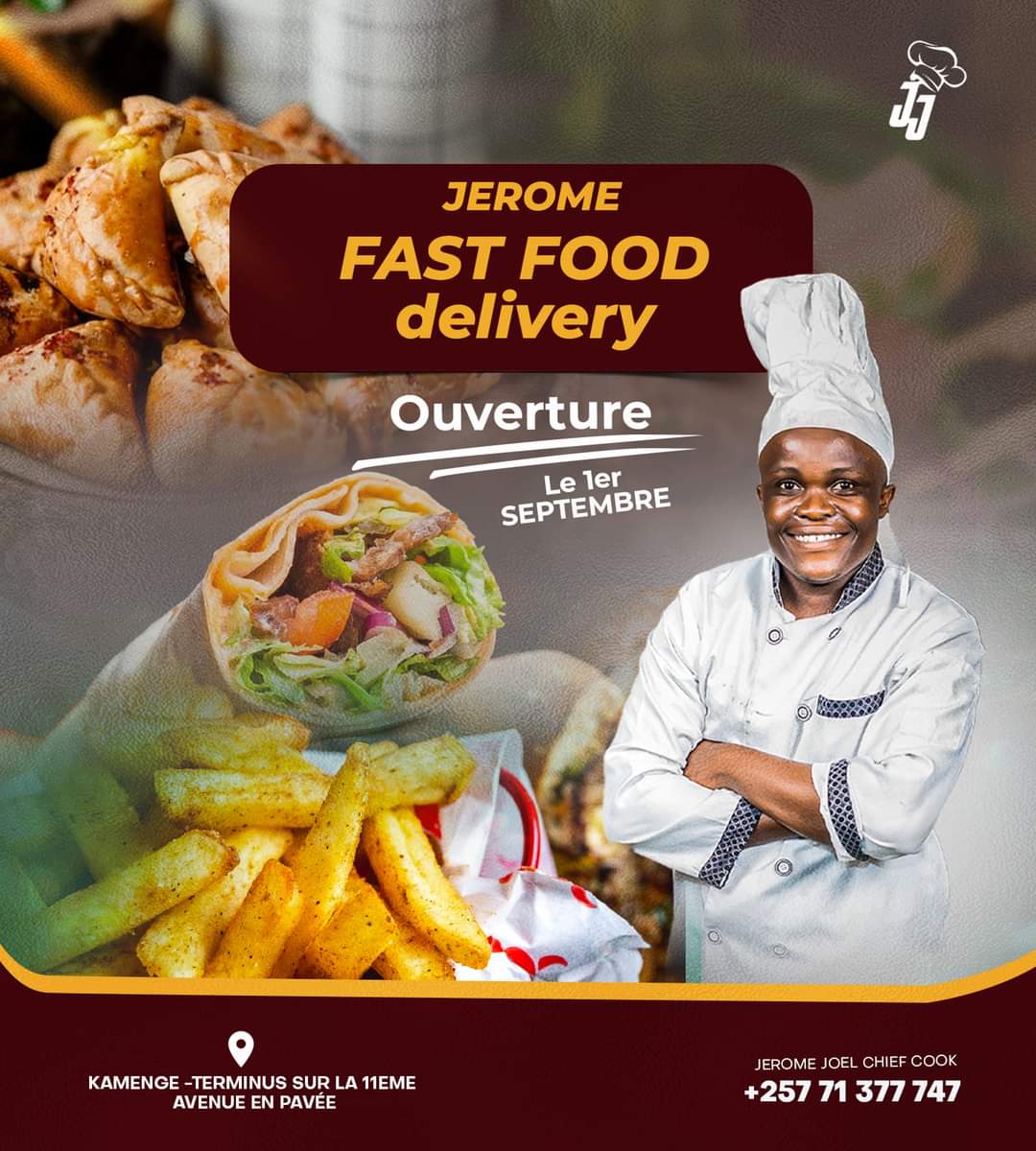 #abatwip map Ouverture y fast food  #Jerome_Fast_Food_Delivary. uyu wagatanu le 1èr/9 de 17h à 00h
Adresse ni Kamenge, Terminus kuri 11 just haruguru yikaburimbo
Save time and money to support me
Welcome
Pour les réservations:  +257 71377747