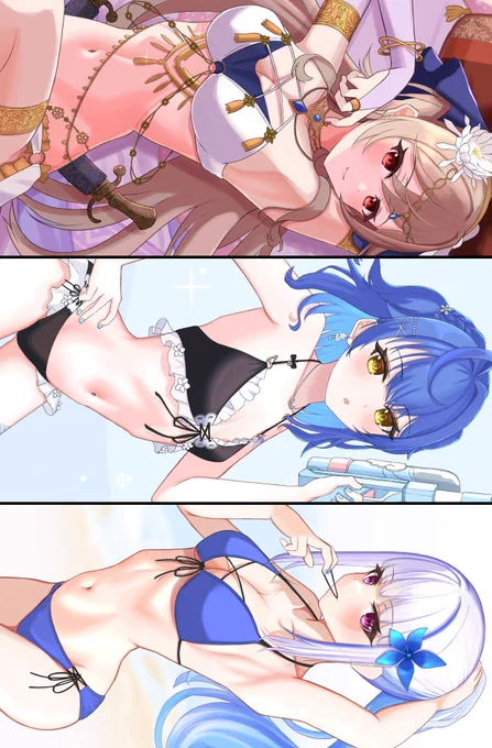 #今月描いた絵を晒そう 
ビキニあまみゃ・妄想ビキニ皇女・妄想踊り子風フレン 