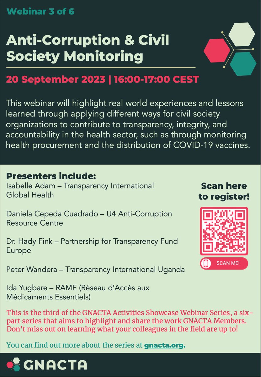 Sarah Steingrüber (@sarahsteino) on Twitter photo REGISTER NOW!! for the 3rd webinar of the the #GNACTA Activities Showcase Series (SEPT 20; 16:00-17:00 CEST) focusing on #anticorruption and #civilsociety monitoring. Register here: shorturl.at/lvKM5
<a href="/U4_ACRC/">U4 Anti-Corruption Resource Centre</a>
<a href="/TI_Health/">TI Global Health</a>
<a href="/PTFund/">PTFund</a> REGISTER NOW!! for the 3rd webinar of the the #GNACTA Activities Showcase Series (SEPT 20; 16:00-17:00 CEST) focusing on #anticorruption and #civilsociety monitoring. Register here: shorturl.at/lvKM5
<a href="/U4_ACRC/">U4 Anti-Corruption Resource Centre</a>
<a href="/TI_Health/">TI Global Health</a>
<a href="/PTFund/">PTFund</a>
