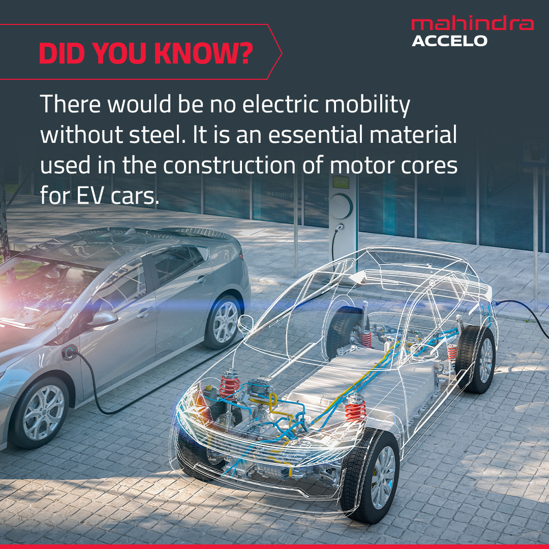 Steel plays a crucial role in making the move to electric mobility possible. It's not just any steel, it's the key ingredient in crafting the motor cores that drive EV cars forward. #SteelForEVs #DrivingTheFuture #MahindraAccelo