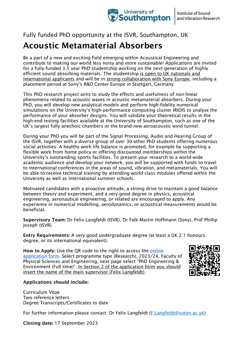 Felix Langfeldt (@f_langf) on Twitter photo Super excited to be finally able to announce that the fully-funded #PhD #opportunity at <a href="/ISVRsouthampton/">ISVRsouthampton</a> on #Acoustic #Metamaterial #Absorbers will be in collaboration with <a href="/Sony/">Sony</a> Europe! π Applications will close on 17 September 2023! π
Apply here: southampton.ac.uk/study/postgradβ¦ Super excited to be finally able to announce that the fully-funded #PhD #opportunity at <a href="/ISVRsouthampton/">ISVRsouthampton</a> on #Acoustic #Metamaterial #Absorbers will be in collaboration with <a href="/Sony/">Sony</a> Europe! π Applications will close on 17 September 2023! π
Apply here: southampton.ac.uk/study/postgradβ¦