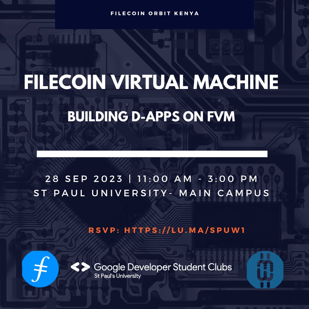 📣 Announcing the Upcoming @fvmdev Workshop in collaboration with @gdsc_stpauls at St. Paul University on September 28th! 🚀 This is an opportunity to delve into the world of #FVM and learn how to build D-Apps on #Filecoin RSVP: lu.ma/SPUW1