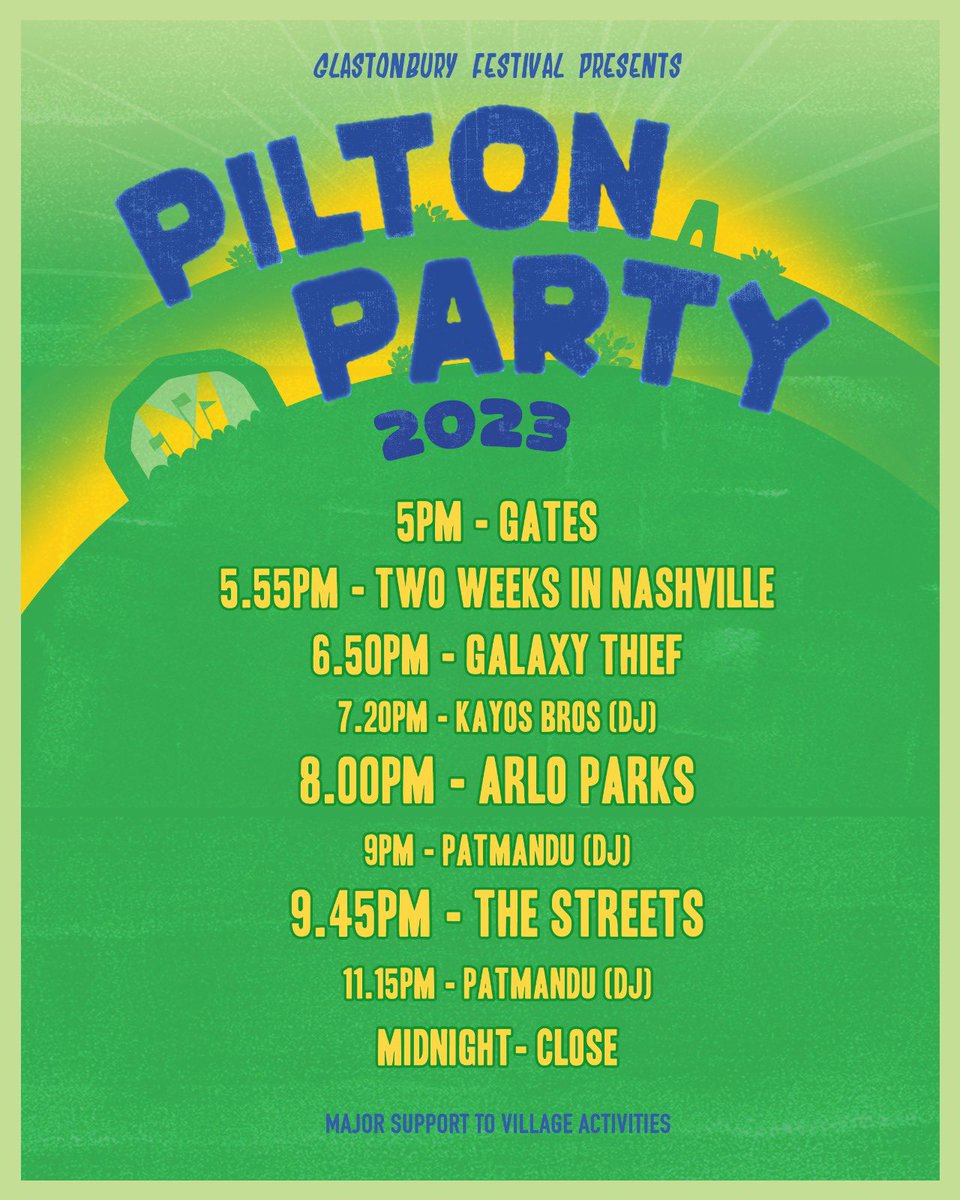 Glastonbury Festival (@glastonbury) on Twitter photo Here are the timings for tomorrow night’s <a href="/Pilton_Party/">Official Pilton Party</a> here at Worthy Farm, featuring The Streets and Arlo Parks.
Limited tickets available at glas.to/piltonparty23 Here are the timings for tomorrow night’s <a href="/Pilton_Party/">Official Pilton Party</a> here at Worthy Farm, featuring The Streets and Arlo Parks.
Limited tickets available at glas.to/piltonparty23