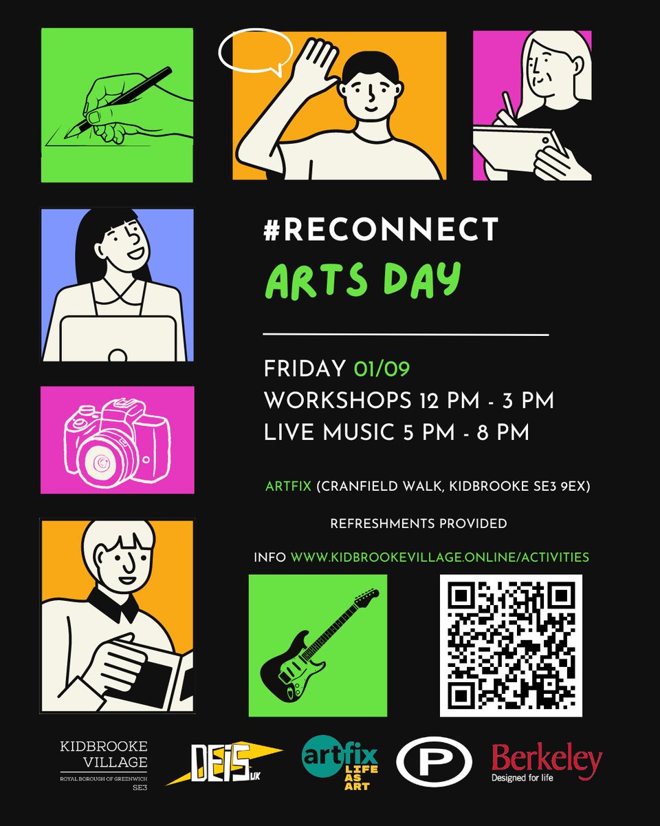 FREE workshops and performances for young people aged 13+

🔗 forms.gle/M4gQ2hCeCftqVc…

🗓 Friday 1st of September
🎨🎸 Workshops: 12-noon - 3 pm
🎤Live music: 5 pm ​

📍Location: Artfix Kidbrooke, Cranfield Walk, SE3 9ER

🥐 Refreshments provided.