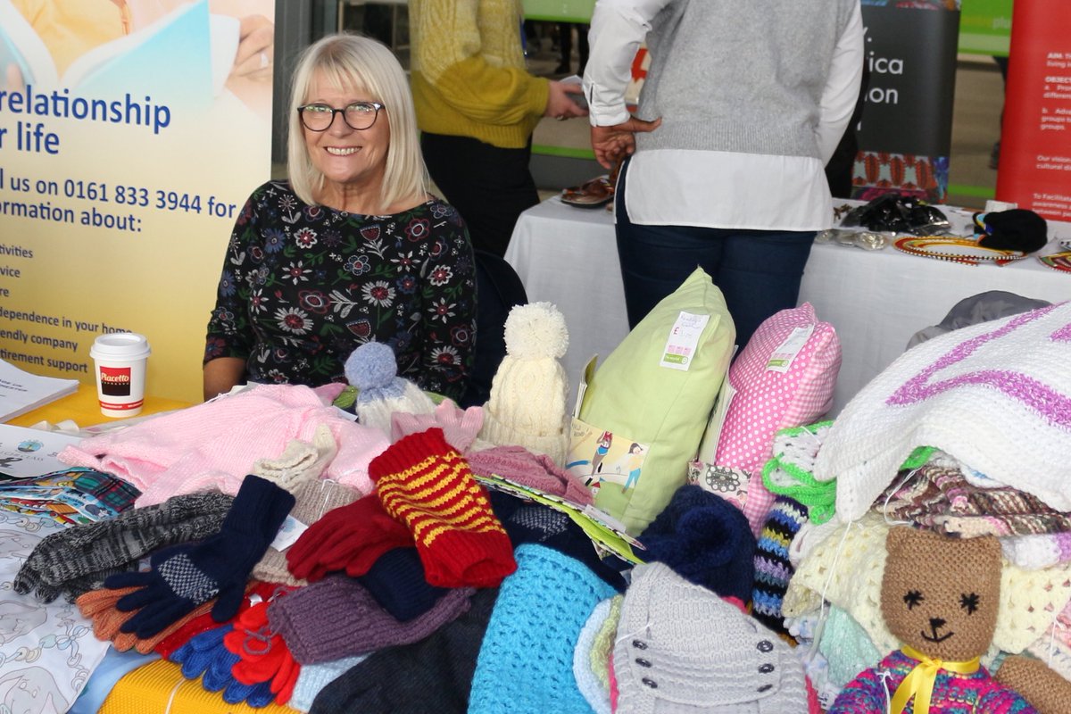 Knitted items on the <a href="/AgeUKManchester/">AgeUKManchester 🐝</a> #Crossacres stall at yesterday's #AgeingWell event. 

Is #knitting good for you? Yes it is...! tinyurl.com/3v4yk2e6

Contact #ForumLibrary for information about knitting &amp; craft groups that meet there: wythenshaweforum.co.uk/library