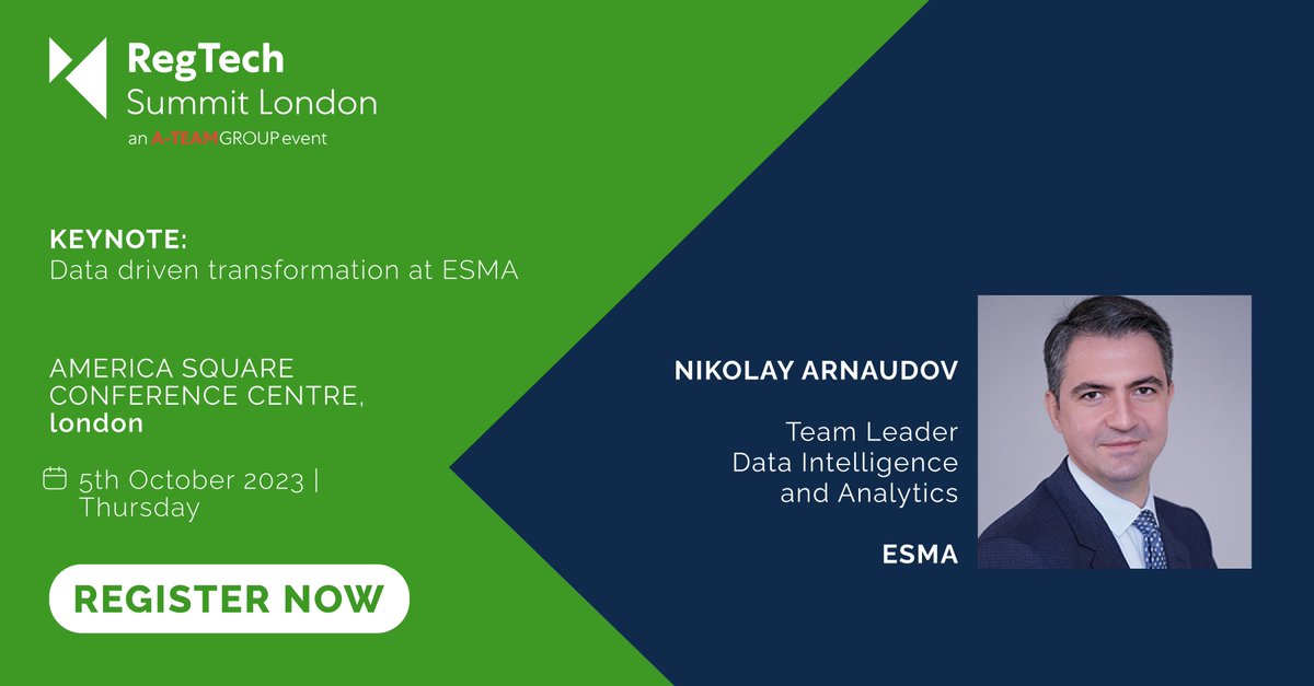 RegTechInsight's tweet photo. Nikolay Arnaudov, Team Leader Data Intelligence and Analytics at @ESMAComms will discuss data driven transformation at ESMA, at RegTech Summit London on 5th October.

Register: https://t.co/tC6t7tKsRf

#RTSLDN #esma #datainitiatives #datastrategy https://t.co/tSZxDmaKpE
