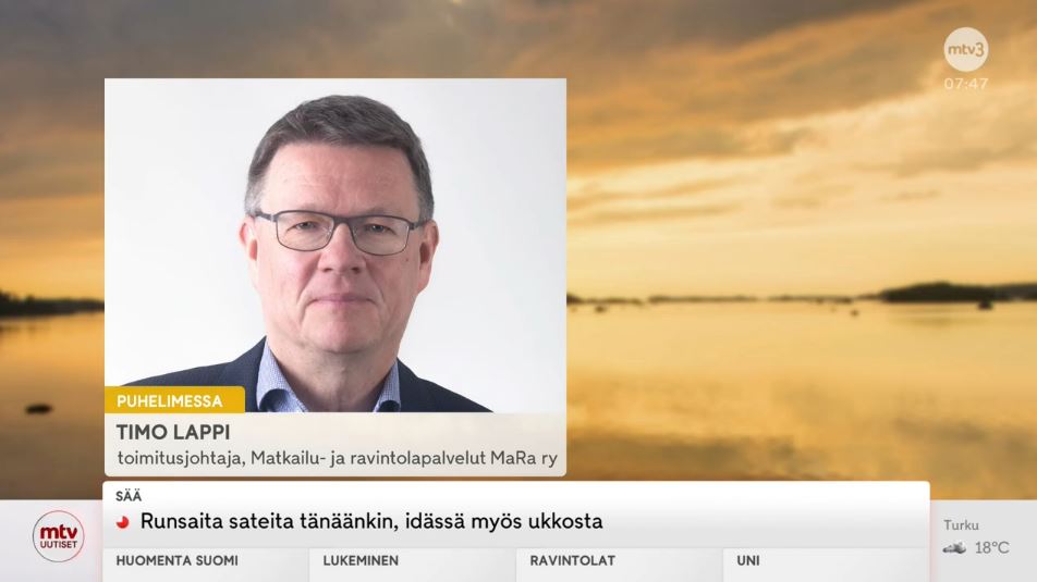 Ravintoloita rassaa kova kustannuspaine, ja etätyö on syönyt varsinkin lounaspuolta, mutta merkittävää heikkenemistä ei näytä olevan luvassa, sanoo <a href="/timo_lappi/">Timo Lappi</a> <a href="/huomentasuomi/">Huomenta Suomi</a> kohdassa 1:05:10-1:07:30  mtv.fi/sarja/huomenta… #ravintola #matkailu