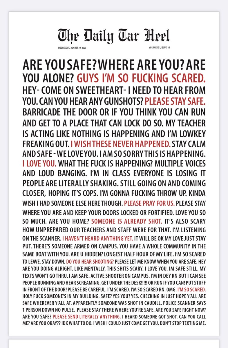 Yesterday’s front page of student newspaper “The Daily Tar Heel”. #studentlifeUSA  #gunviolence #parentnightmare #facultyfears