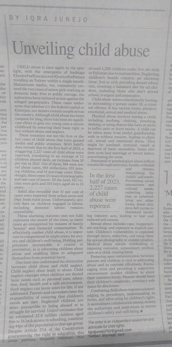 'Unveiling Child Abuse' @junejo_iqra writes in Dawn today, discussing various forms of child abuse (physical, emotional, sexual) and the need to act and ensure that our children have a secure childhood free of abuse and neglect.
#JusticeForRizwana #JusticeForFatimaFariro…